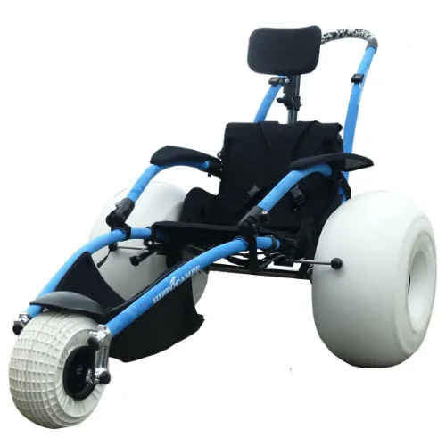 Beach-access wheelchair with large balloon tires and a padded seat.